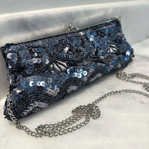 Vintage Filigree Beaded Sequined Chain Strap Evening Clutch Shoulder Bag Gray Sm - Picture 2 of 4